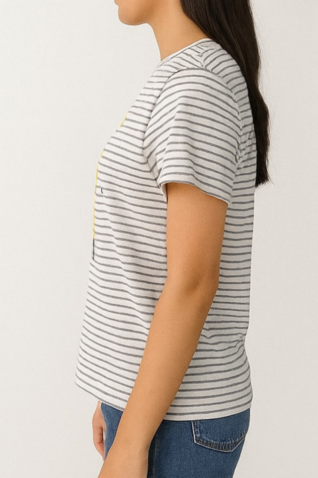 Unisex Çizgi Desenli Bisiklet Yaka Tişört Bej - M