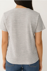 Unisex Çizgi Desenli Bisiklet Yaka Tişört Bej - M