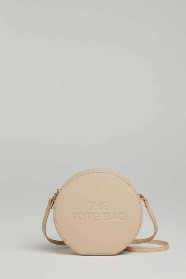 Kadın Yuvarlak Tote Bag Yazılı Çapraz Askılı El Ve Omuz Çantası bej