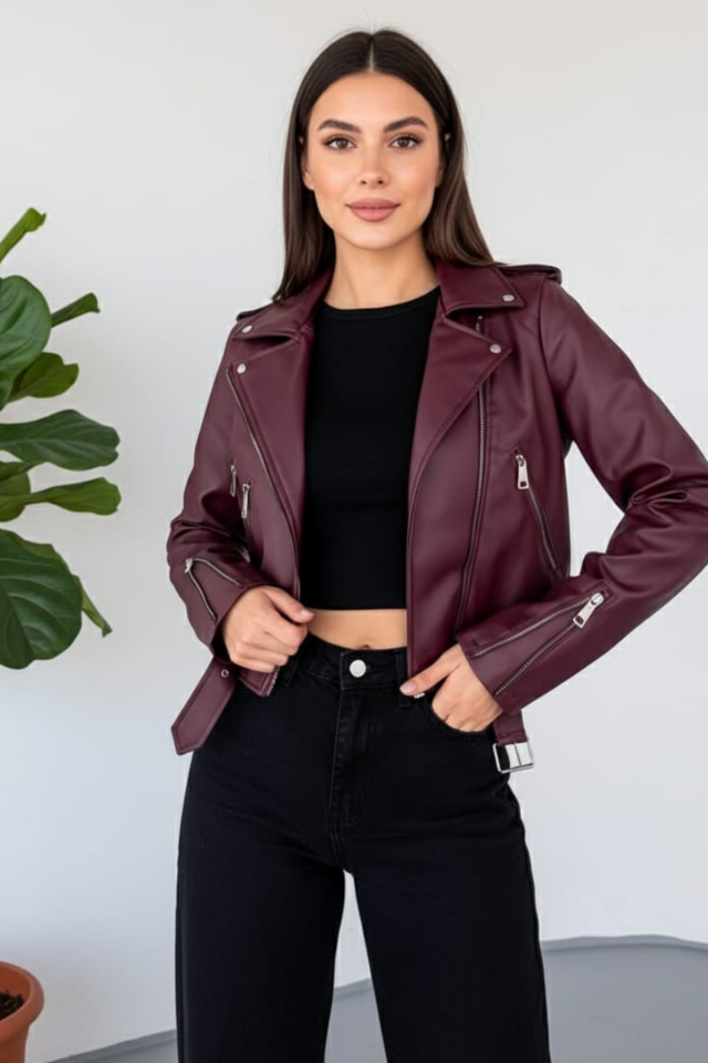 Kadın Çift Fermuar Ve Kemer Detaylı 2 Cepli Deri Ceket Bordo - XL