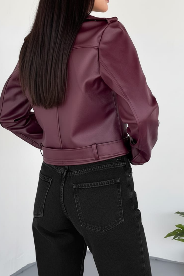 Kadın Çift Fermuar Ve Kemer Detaylı 2 Cepli Deri Ceket Bordo - XL