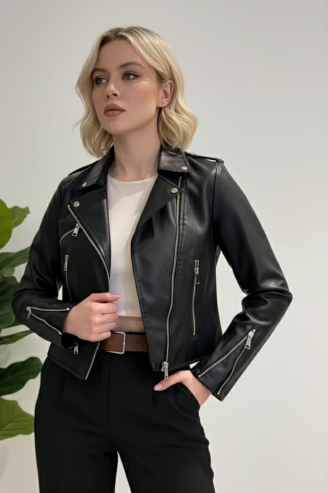Kadın Çift Cepli Fermuarlı Ve Kemer Detaylı Suni Deri Ceket