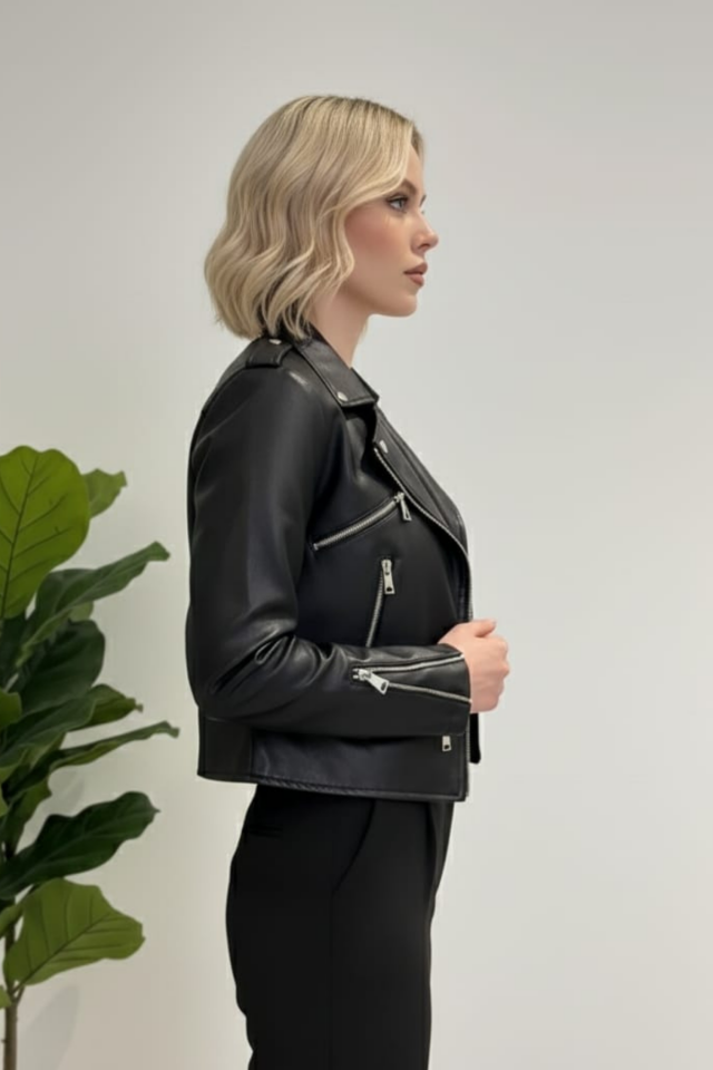 Kadın Çift Cepli Fermuarlı Ve Kemer Detaylı Suni Deri Ceket