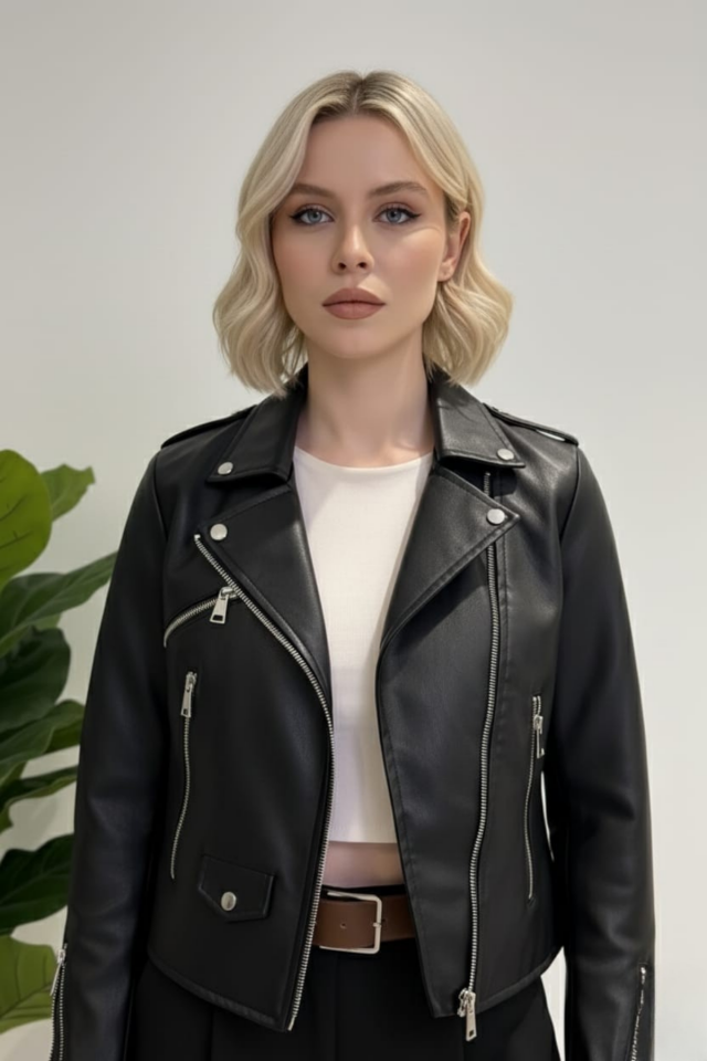 Kadın Çift Cepli Fermuarlı Ve Kemer Detaylı Suni Deri Ceket