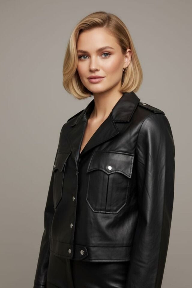 Kadın Siyah Cepli Ve Çıtçıt Detaylı Deri Ceket