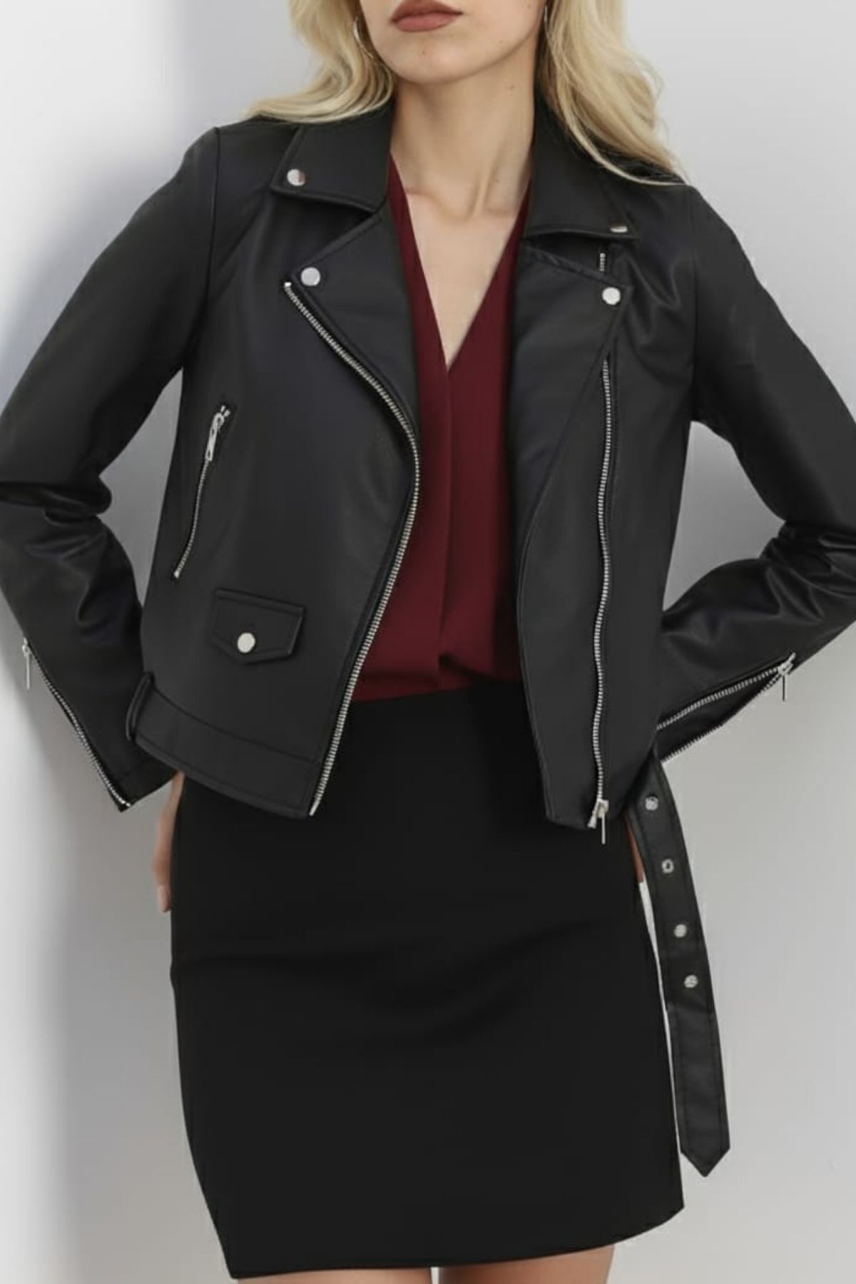 Kadın Siyah Biker Fermuarlı Suni Deri Ceket