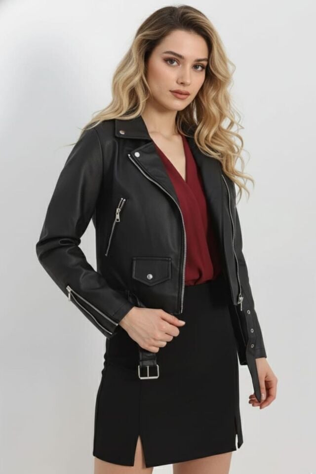 Kadın Siyah Biker Fermuarlı Suni Deri Ceket
