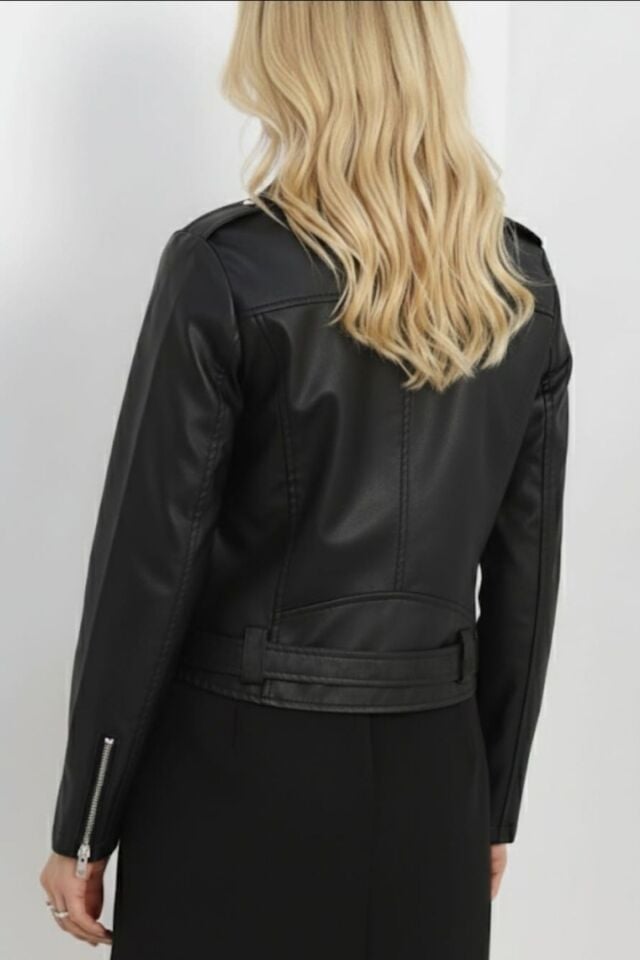 Kadın Siyah Biker Fermuarlı Suni Deri Ceket