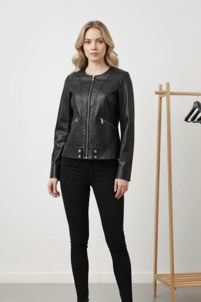 Kadın Siyah Yakasız Deri Ceket