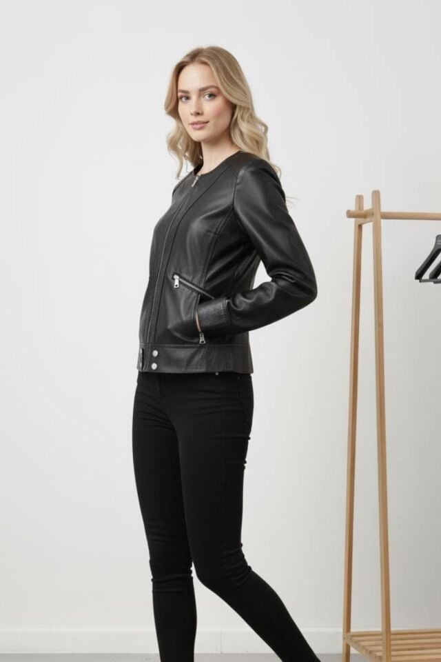 Kadın Siyah Yakasız Deri Ceket