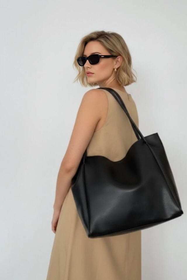 Tilda Siyah Büyük Boy Suni Deri Fermuarlı Boy Omuz Çantası 40/35 Cm