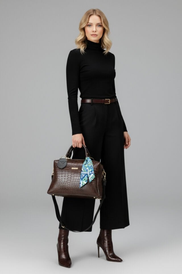 Kadın Fermuarlı, Fularlı Deri Askılı Gece Ve Gündüz Şık Çanta El ve Omuz Çantası