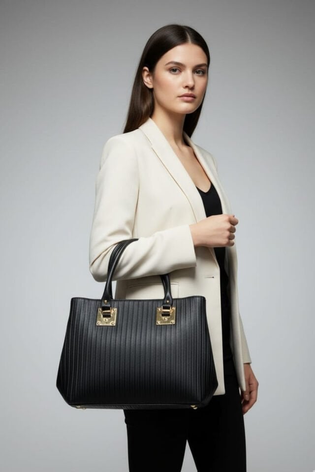 Kadın Siyah Çizgili Lazer Desenli Iki Bölmeli Günlük Düğünlük Omuz Çantası