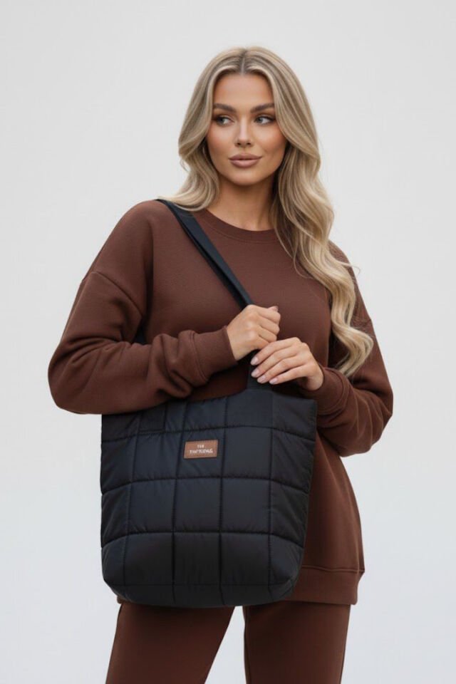 Aurora Siyah Kapitoneli Fermuarlı Puf Kumaş Büyük Boy Omuz Çantası 40/35