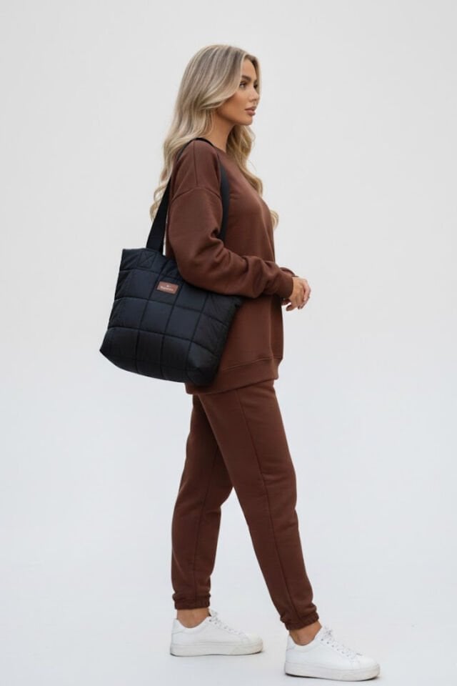 Aurora Siyah Kapitoneli Fermuarlı Puf Kumaş Büyük Boy Omuz Çantası 40/35