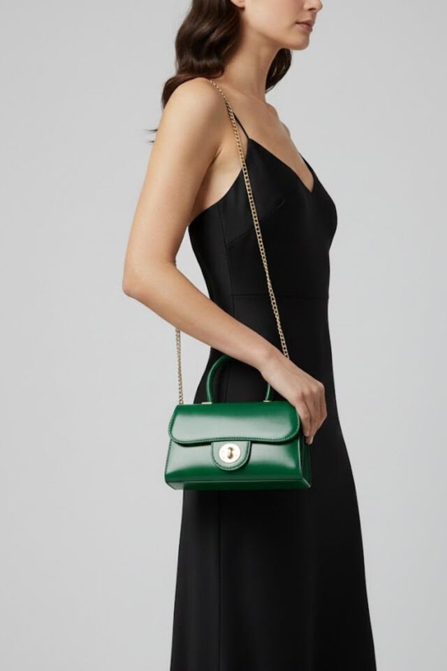 Aura Yeşil Deri , Gold Düğme Kapak Detaylı El ve Omuz Çantası