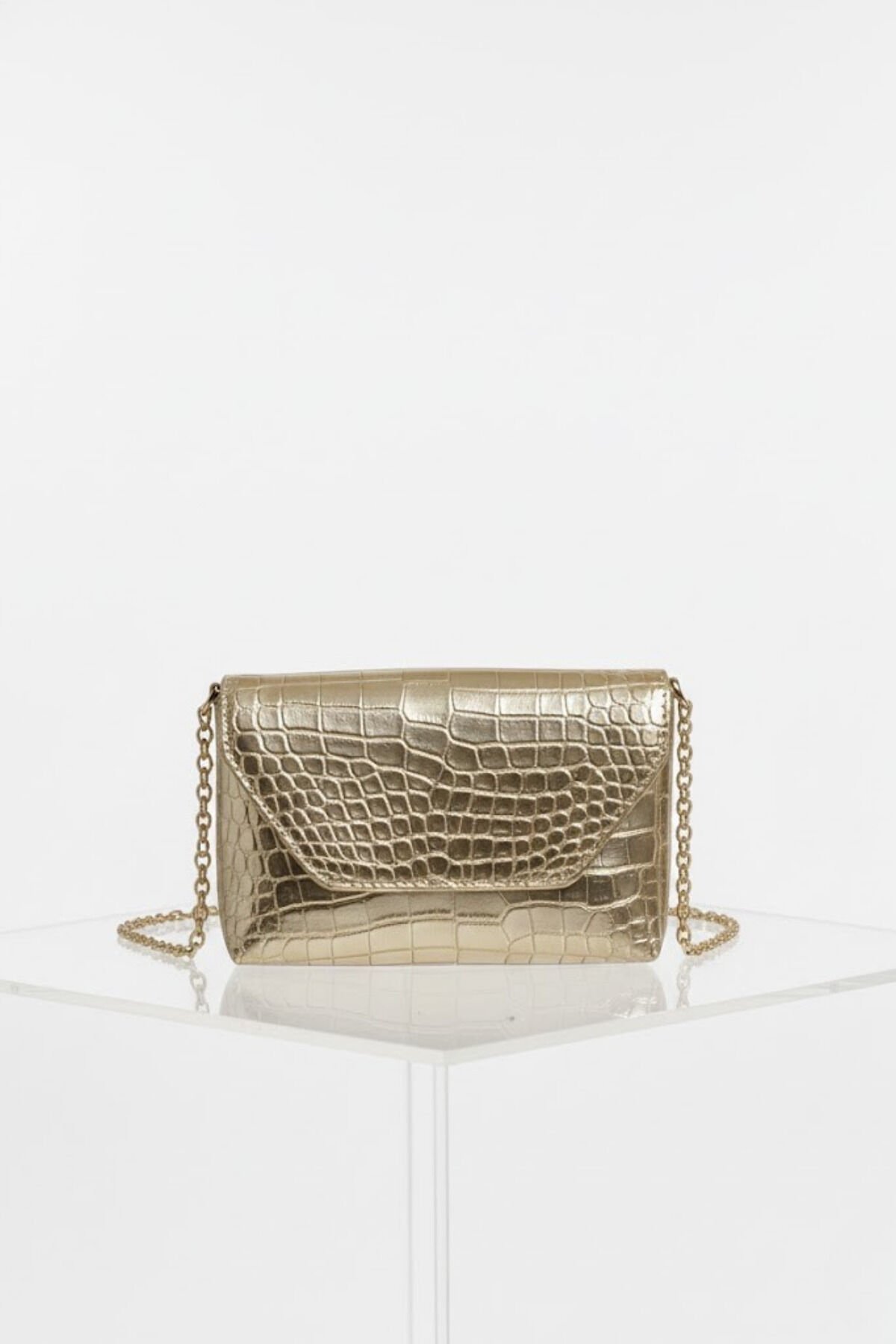 Lux Uzun Askılı Kroko Dokulu Kadın Clutch Çapraz Çanta Gold